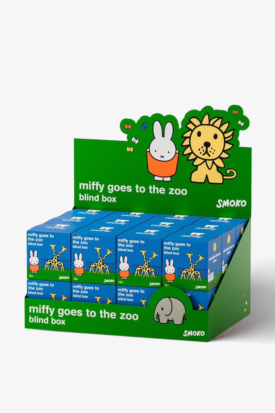 A green retail display box containing multiple blue blind boxes of 'Miffy Goes to the Zoo' by Smoko. The display features cartoon illustrations of Miffy, a lion, a giraffe, and a elephant on a clean white background.