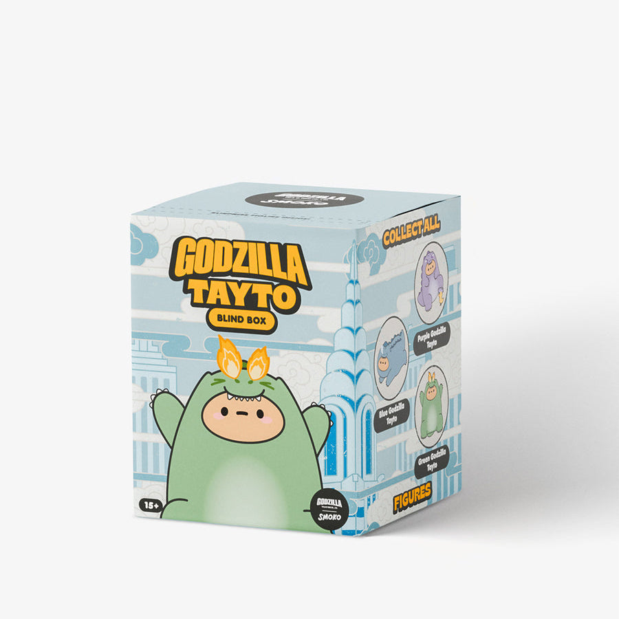 Box packaging of a toy figure with 'Godzilla Tayto' branding on a white background