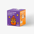 A 3D-rendered product box for the 'miffy & friends dressing up blind box' by Smoko. The box is purple on one side and orange on the other, featuring a cartoon bear character wearing a pointed orange hat and orange outfit, with white text and small yellow stars.
