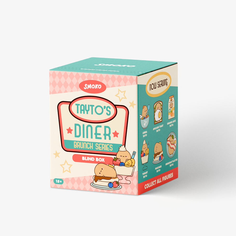 A boxed product labeled 'TRYTO'S DINER BRANCH SERIES BLIND BOX' on a clean white background. The box is pastel pink and teal with cartoon characters and small illustrated menu items on the side panel.