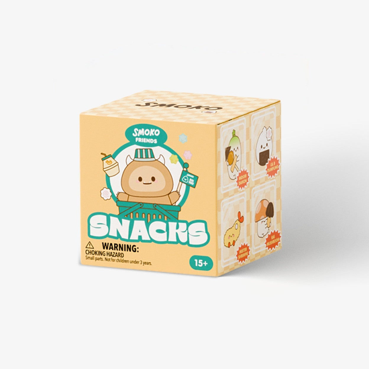 A cube-shaped box of Soko Snacks featuring a cute cartoon character wearing a green hat on the front, with various snack illustrations on the side panels, set against a plain light gray background.