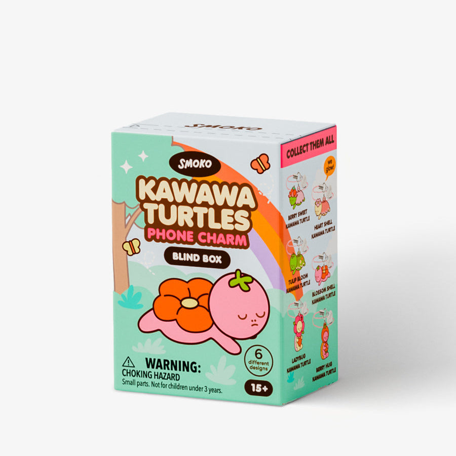A boxed product labeled 'Kawawa Turtles Phone Charm Blind Box' by Smojo, shown on a clean white background. The box is mint green with a cartoon turtle and rainbow design.