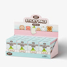 A retail display box filled with individual 'Sticky Pals' blind box packs. The packaging features cute cartoon characters including a green character, a pink bear, a white cat, and a brown bear, with the brand '360°P' and product name 'STICKY PALS' clearly visible.