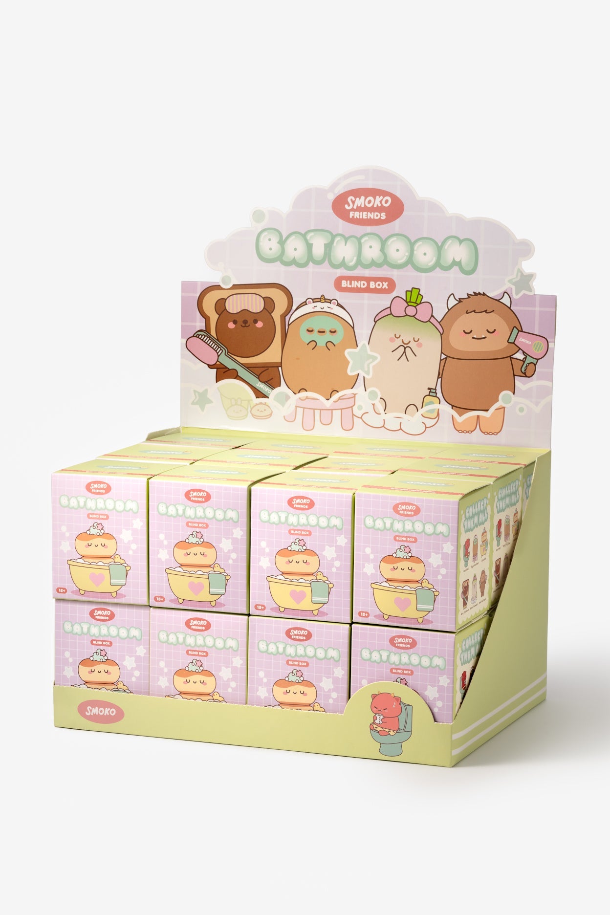 Display of cartoon-themed bathroom items with a white background