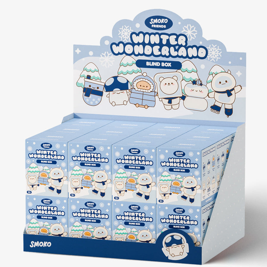 A SKZKO Winter Wonderland Blind Box retail display box filled with multiple individual blind box packages, decorated with cute cartoon characters in winter clothing on a light gray background.