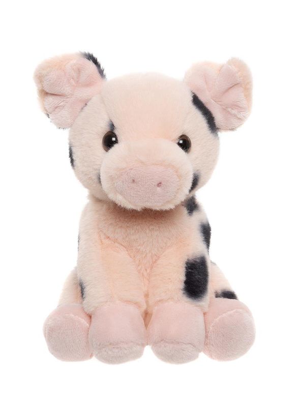 Plush toy pig with black spots on a white background