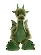 Green plush dragon toy on a white background