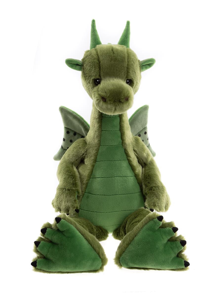 Green plush dragon toy on a white background