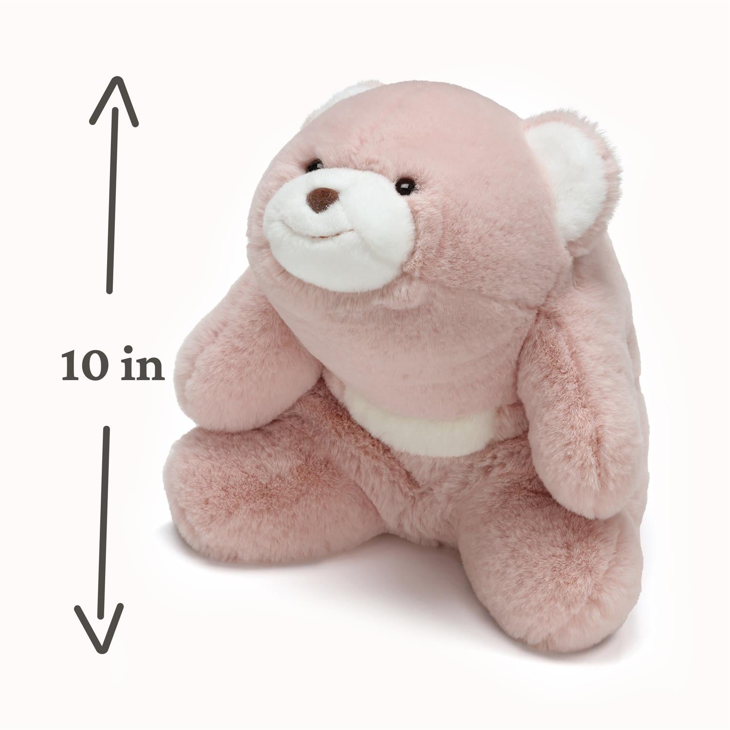 Pink teddy bear with measurement indicators on a white background