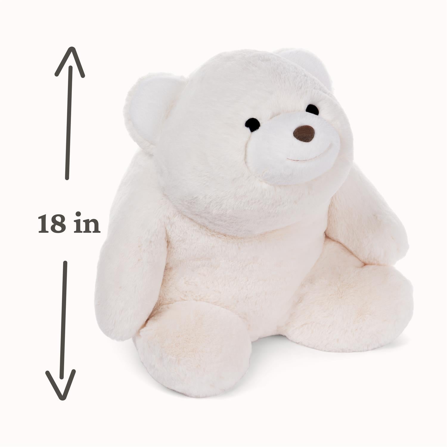 White teddy bear with dimensions indicated on a white background