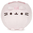 Pink round plush toy with a simple face design on a white background