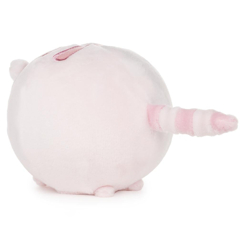 Pink round plush toy with a simple face design on a white background back view