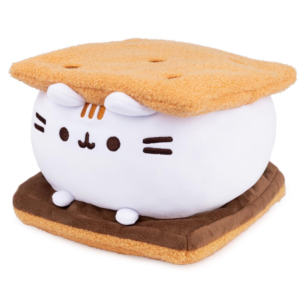Plush toy resembling a cat inside a S'more on a white background
