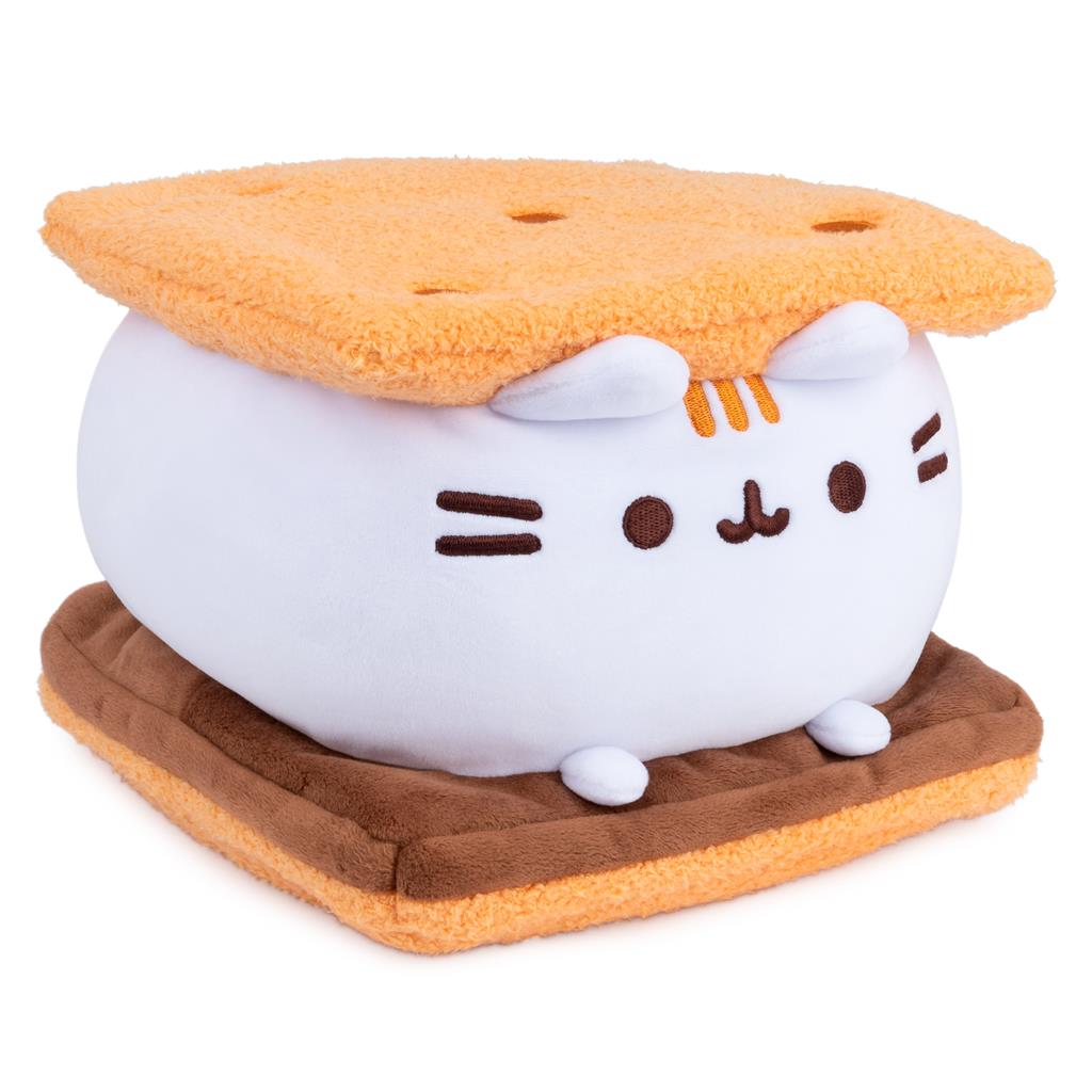 Plush toy resembling a cat inside a S'more on a white background