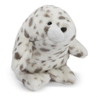 Plush toy seal with brown spots on a white background