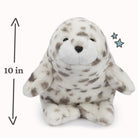 Plush seal toy with measurement indicator on a white background