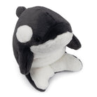 Plush toy resembling a penguin with a dark gray body and white face on a white background
