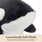 Plush toy with text 'Luxuriously Soft Plush, Surface-Washable & Easy to Clean' on a white background