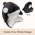 Plush toy orca whale with a back view on a white background