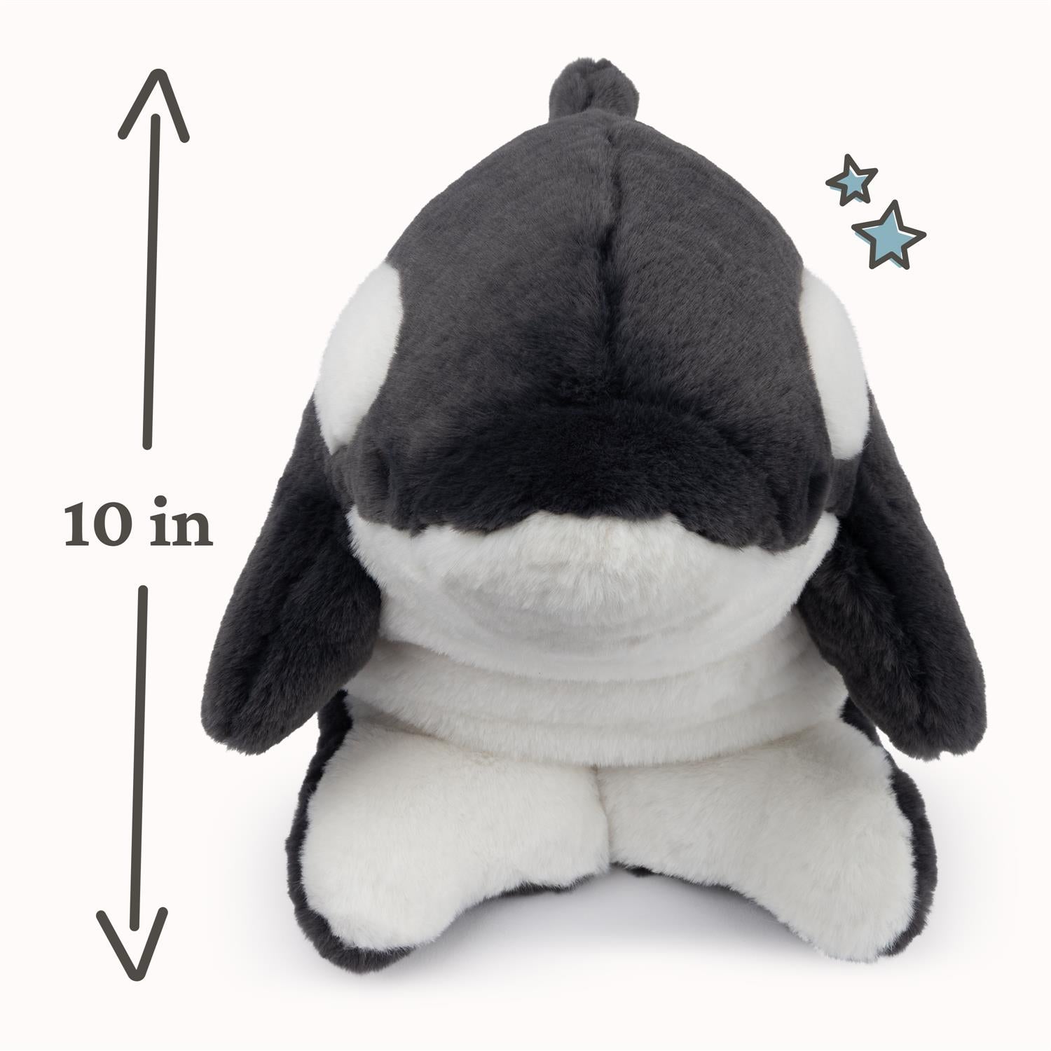 Plush toy orca whale with size measurement label on a white background