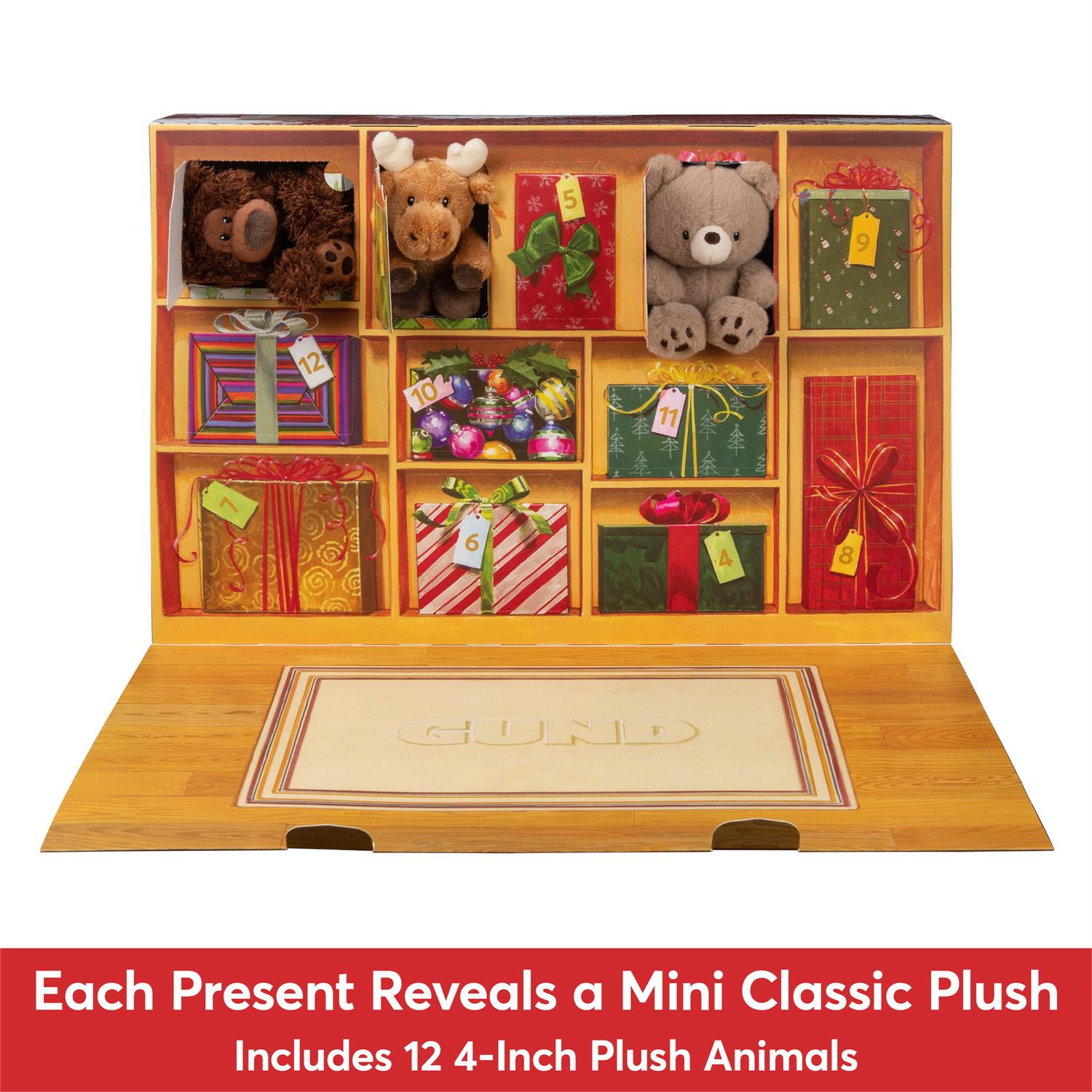 A wooden advent-style gift box with multiple compartments displaying plush animals and wrapped presents, shown open on a white background with a red text banner at the bottom.