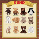 Gund plush toys displayed on a yellow background with product names below each toy.