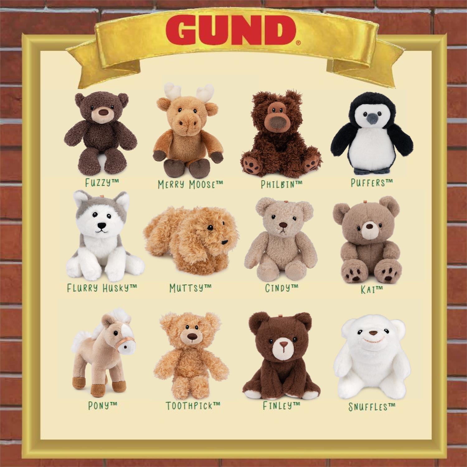 Gund plush toys displayed on a yellow background with product names below each toy.