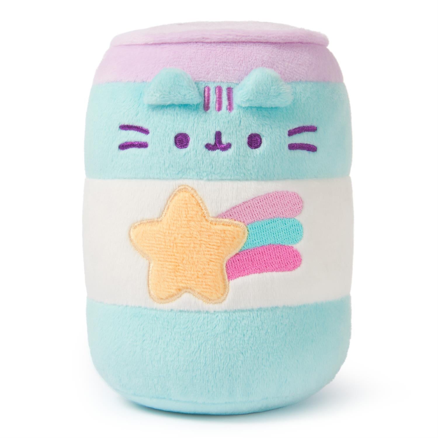 Pastel-colored Pusheen cat plush toy in the shape of a can, with a star and rainbow design.
