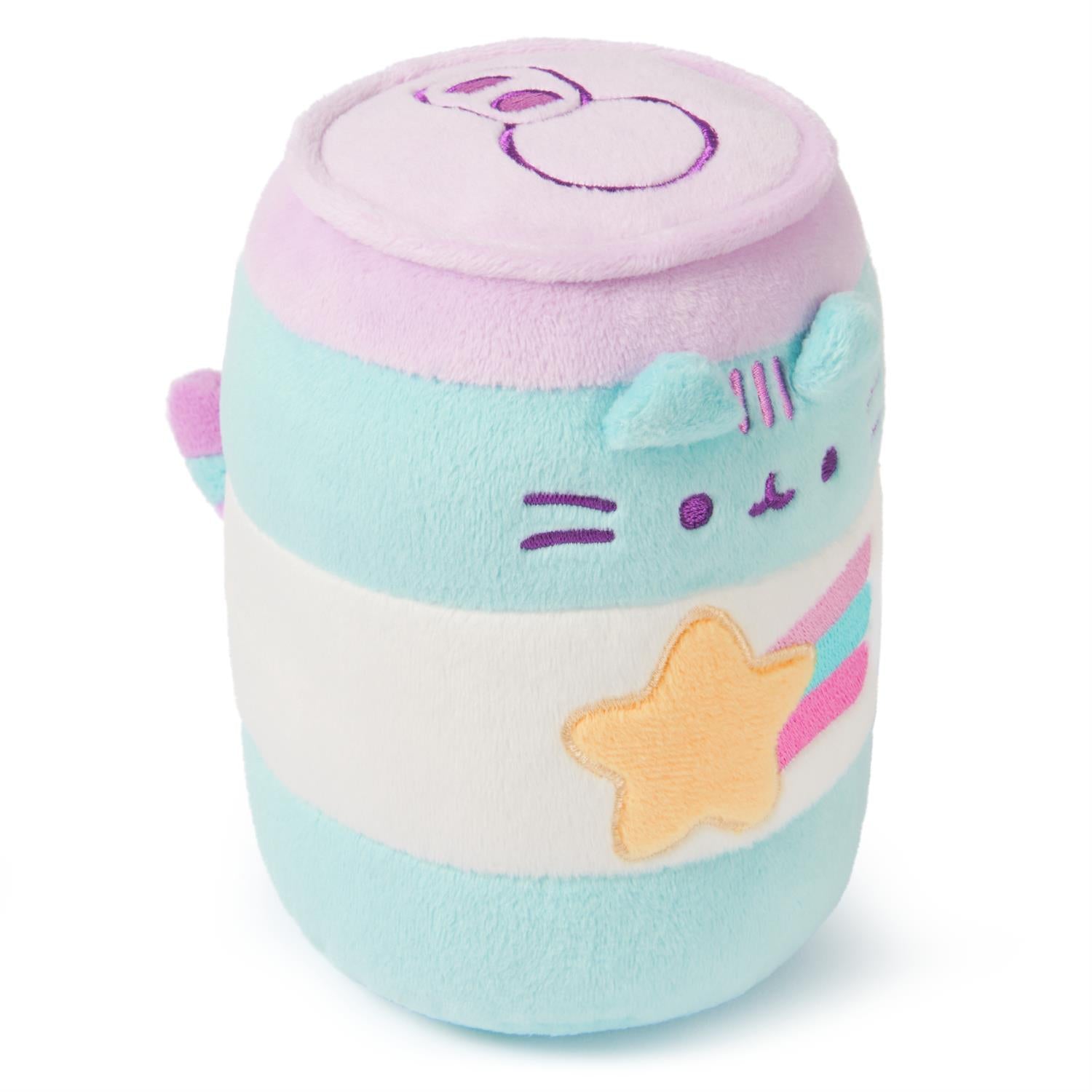 Pastel plush cat-soda can with star and rainbow.
