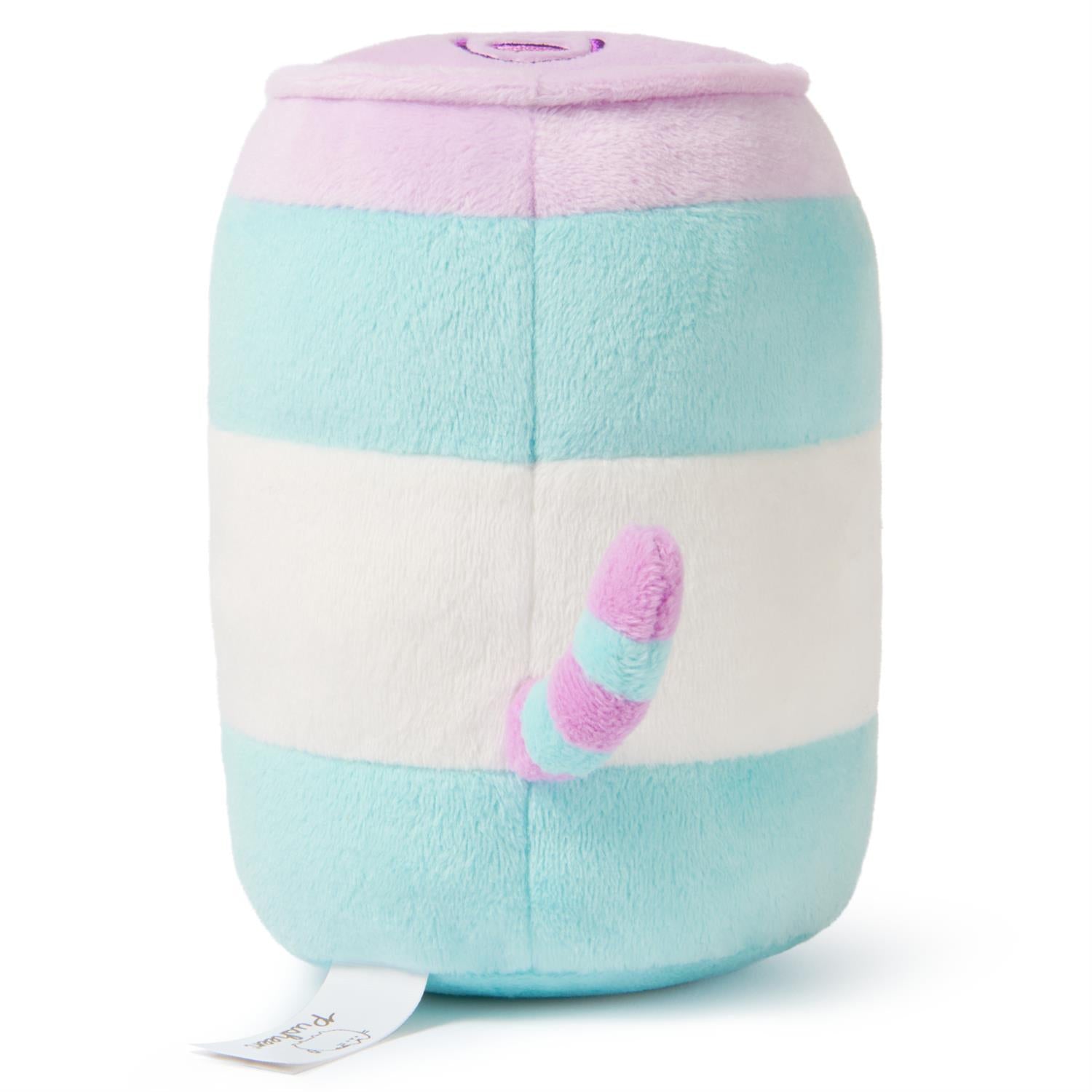 A plush toy designed to look like a soda can with pastel stripes and a striped tail.
