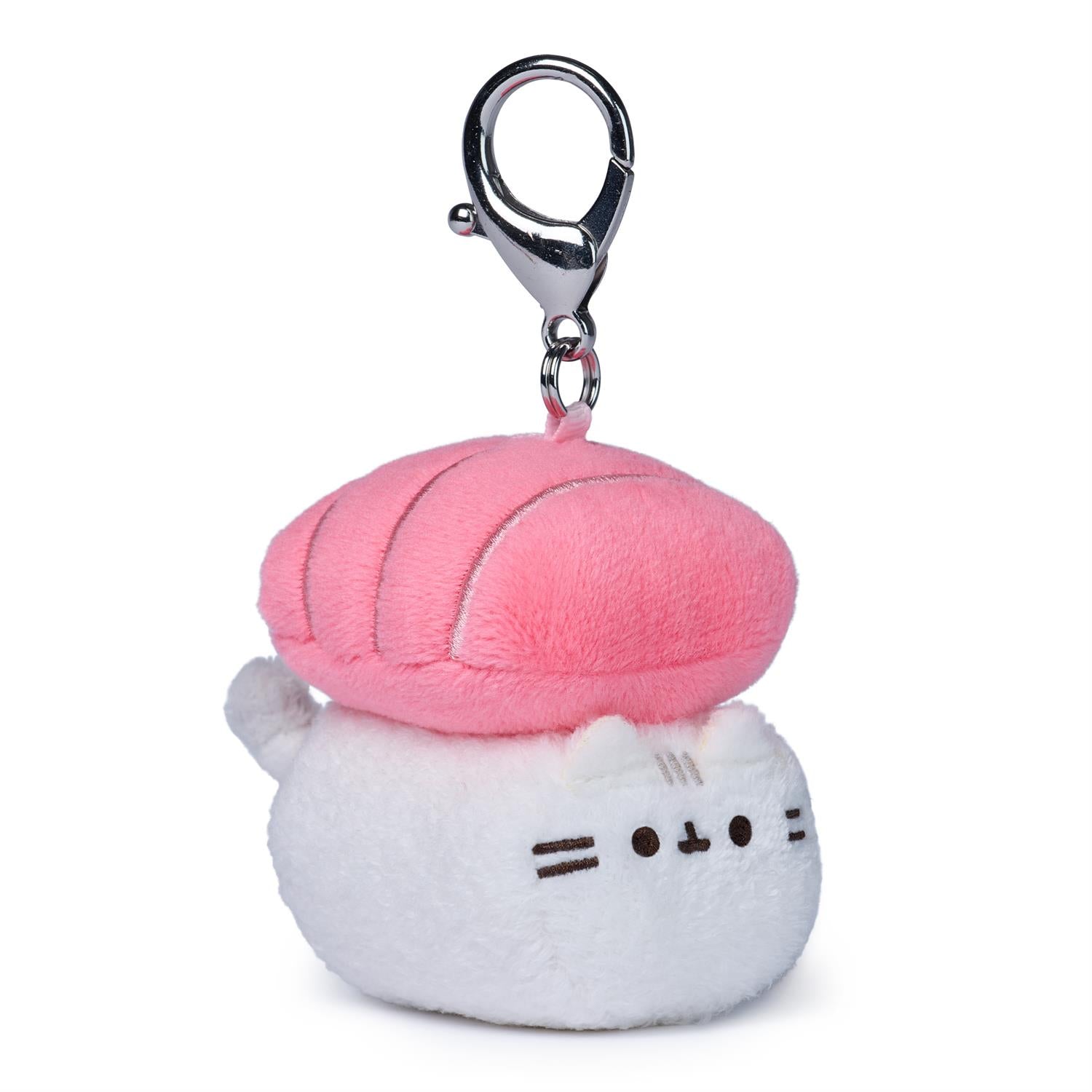 Plush keychain with a white cat face and pink shell on a white background