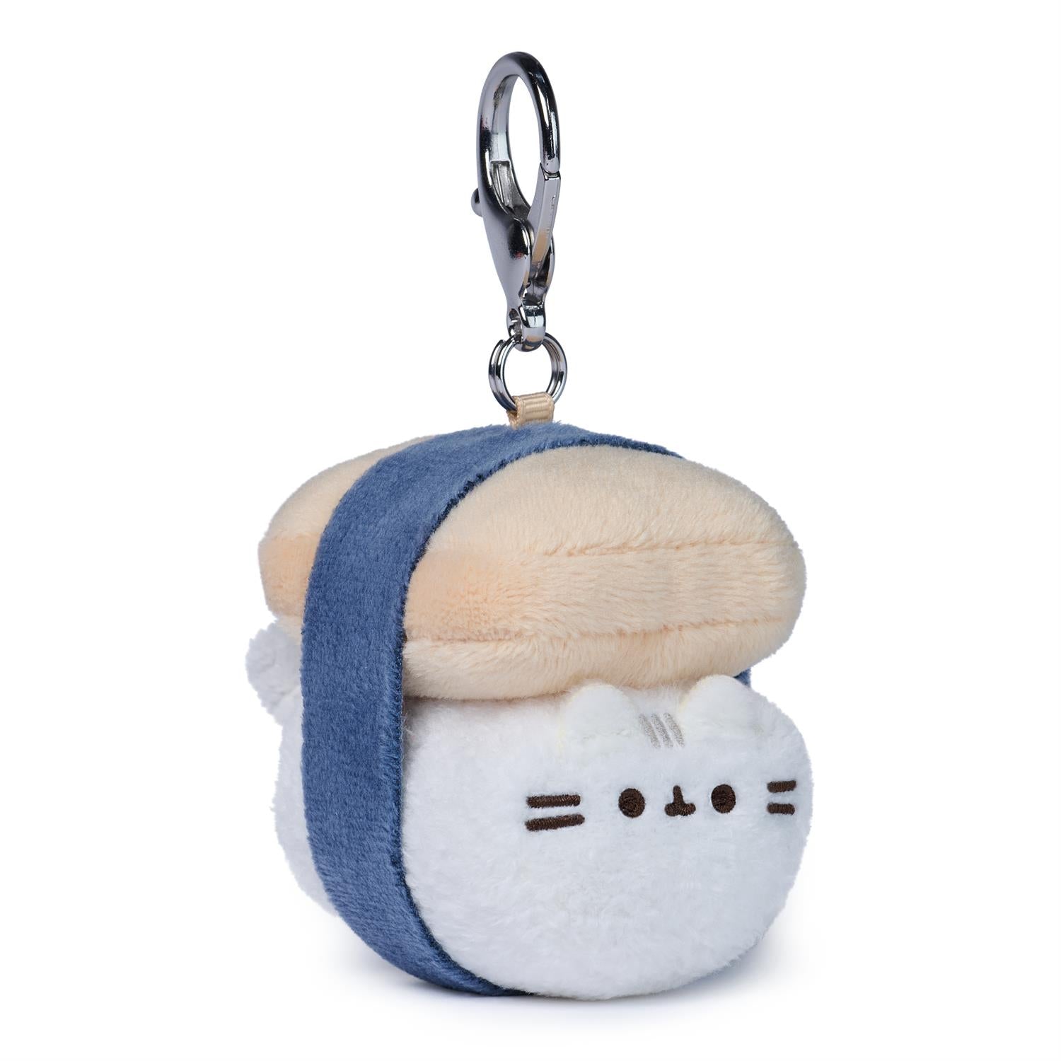 Plush keychain shaped like a piece of sushi with a blue band on a white background