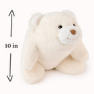 Stuffed bear toy with dimensions indicated on a white background