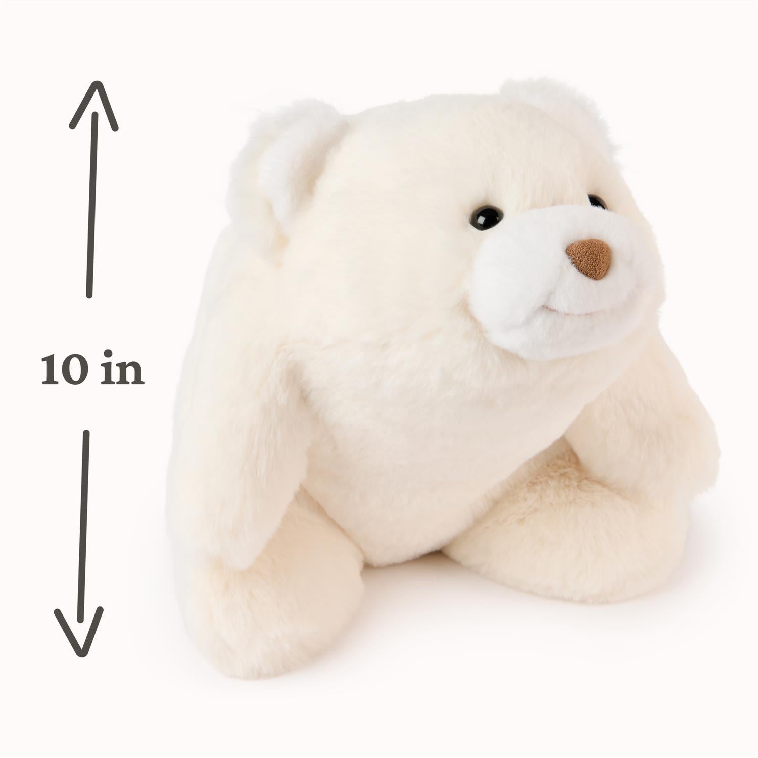 Stuffed bear toy with dimensions indicated on a white background