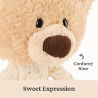 Close-up of a teddy bear with a corduroy nose and 'Sweet Expression' text.