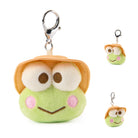 Plush frog keychain with a helmet on a white background
