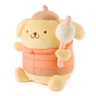 Plush toy resembling a bear in an orange vest holding a pink ice cream cone on a white background