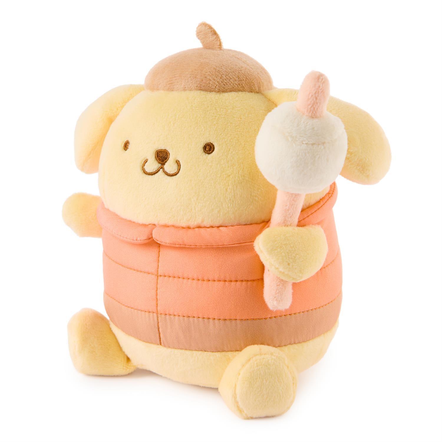 Plush toy resembling a bear in an orange vest holding a pink ice cream cone on a white background