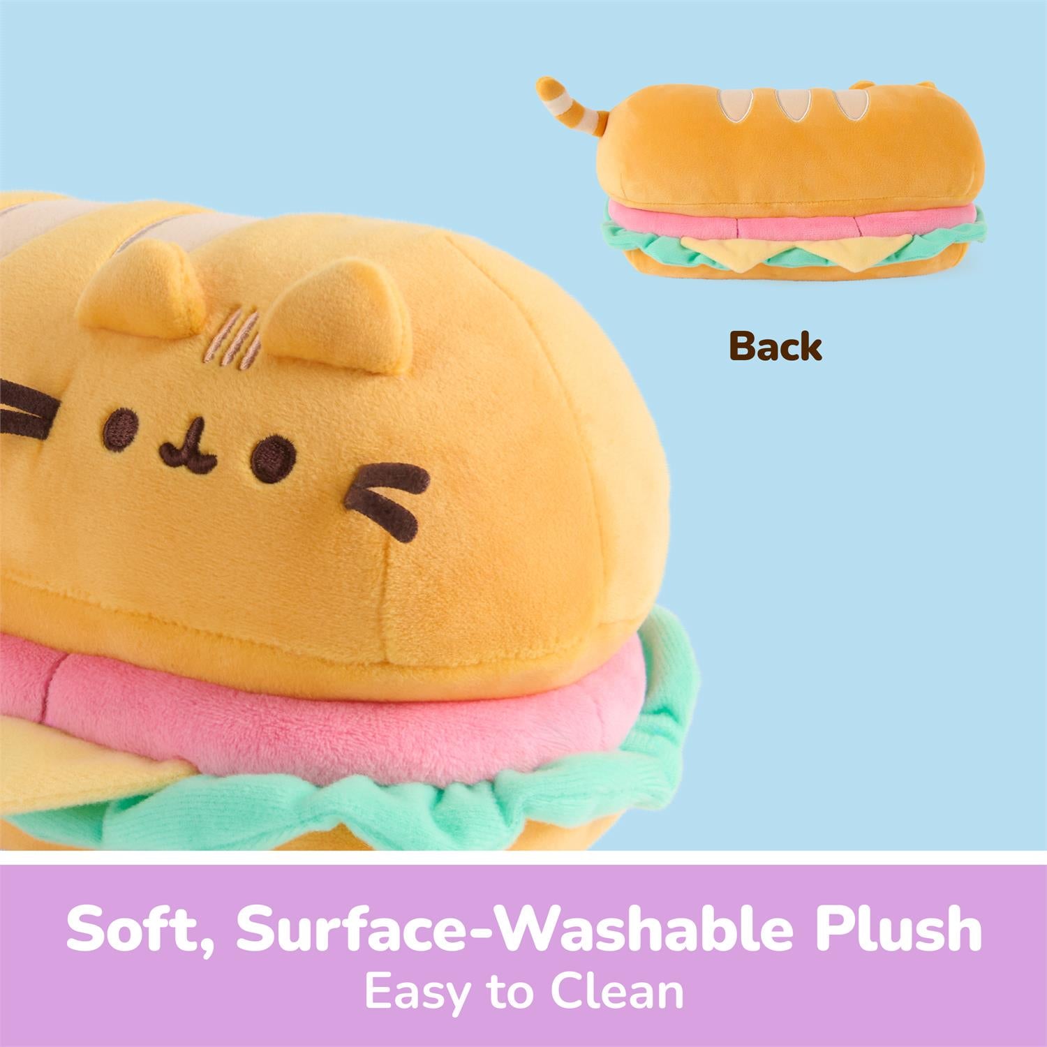 A plush toy shaped like a cat inside a hamburger bun, shown on a light blue background with a smaller inset labeled 'Back' showing the reverse side. Text at the bottom reads 'Soft, Surface-Washable Plush Easy to Clean'.
