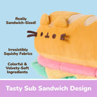 A plush cat-shaped sandwich toy with a yellow top bun, pink middle layer, and mint green bottom layer, shown on a light blue background with promotional text overlays.