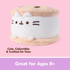 A plush collectible pouf shaped like Pusheen the cat sitting in a sandwich, with a white body, beige top and bottom, and simple brown facial features. The image is on a pink background with text reading 'Cute, Collectible & Crafted for Fans' and 'Great for Ages 8+'.