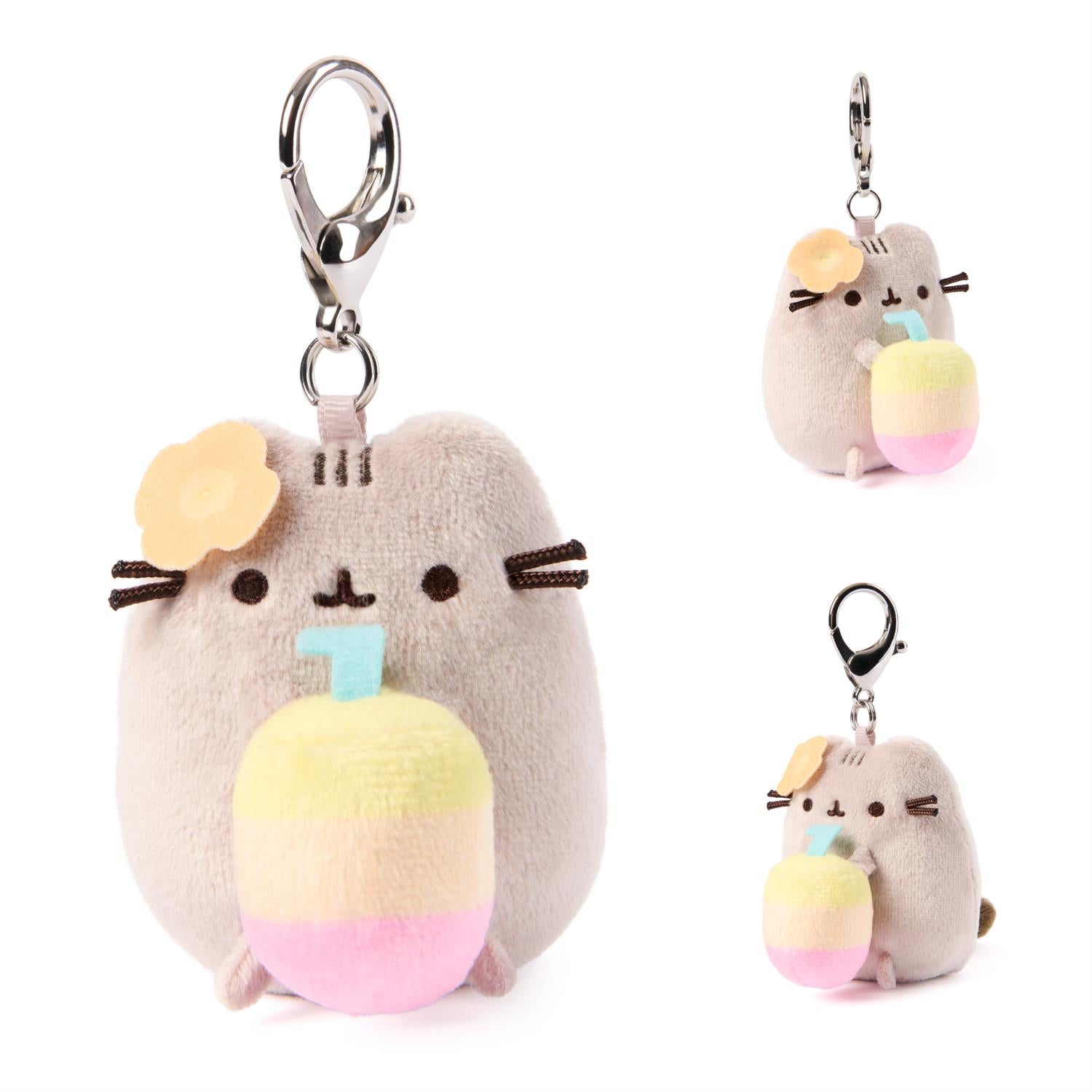 Plush keychain of a cat character with a pastel-colored balloon on a white background