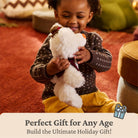 A young child sitting on a red carpet and hugging a white plush teddy bear with a dark red bow. The child wears a dark patterned sweater and mustard yellow pants.