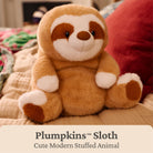 A plush sloth toy sitting on a bed with a beige quilt, a red pillow, and a blurred bedroom background. Text at the bottom reads 'Plumpkins Sloth' and 'Cute Modern Stuffed Animal'.