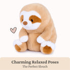 A plush sloth toy sitting upright on a light cream background, with a small heart icon to the left and the text 'Charming Relaxed Poses The Perfect Slouch' along the bottom.