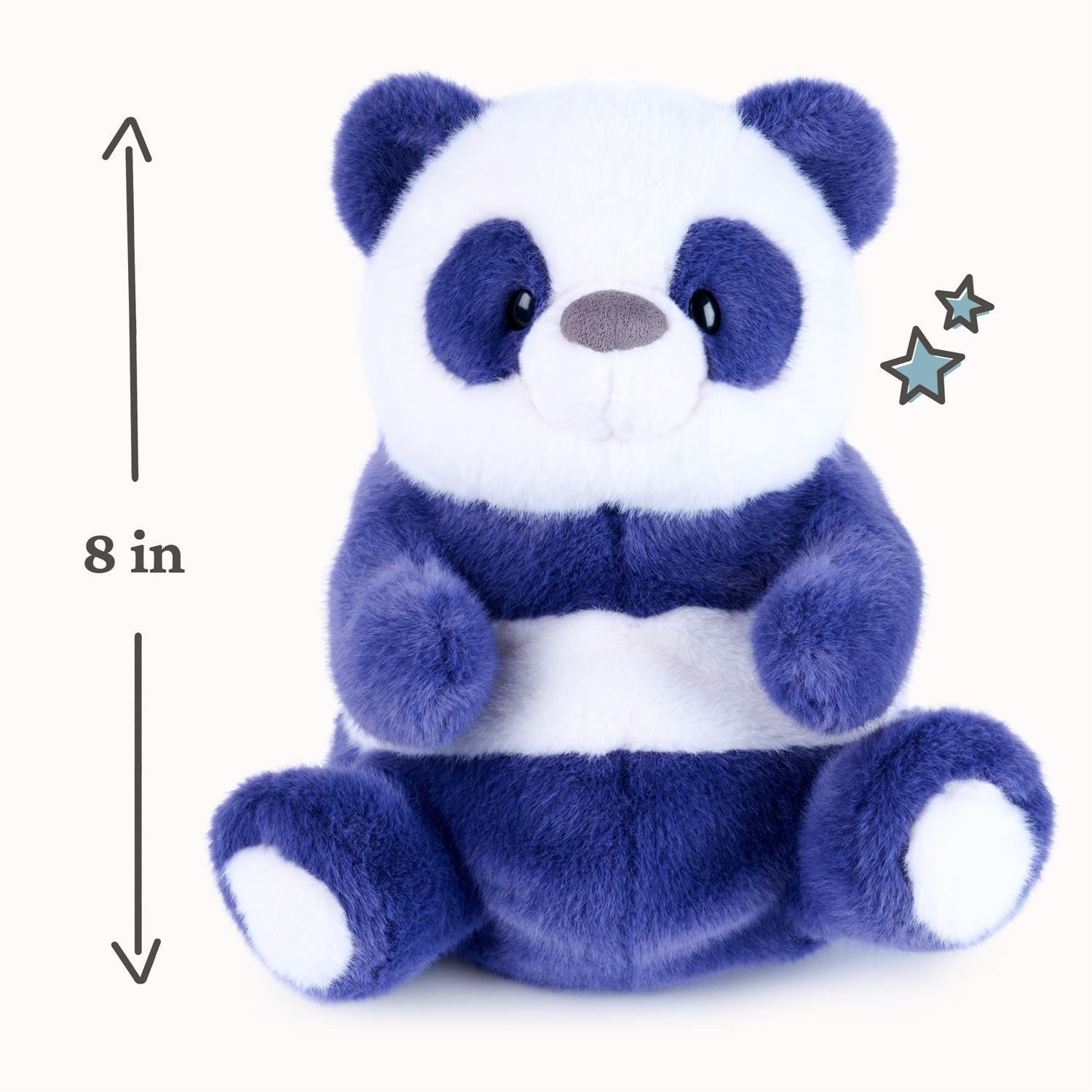 A plush panda toy in dark blue and white, shown seated against a light cream background with a vertical 8-inch height marker and small star graphics.