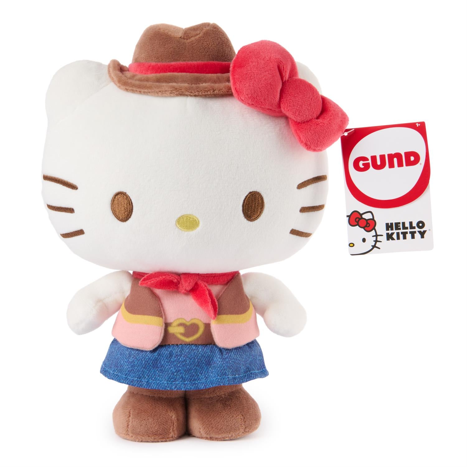 Plush toy Hello Kitty in cowboy outfit with GUND tag on a white background