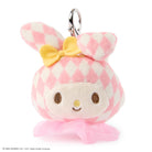 Plush keychain with a checkered pattern and yellow bow on a white background
