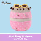A Pusheen plush pool toy shown on a light blue background with a purple text banner at the bottom reading 'Pool Party Pusheen 9.5" Plush Toy.