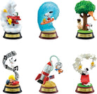 Set of six Snoopy-themed figurines with various activities on a white background